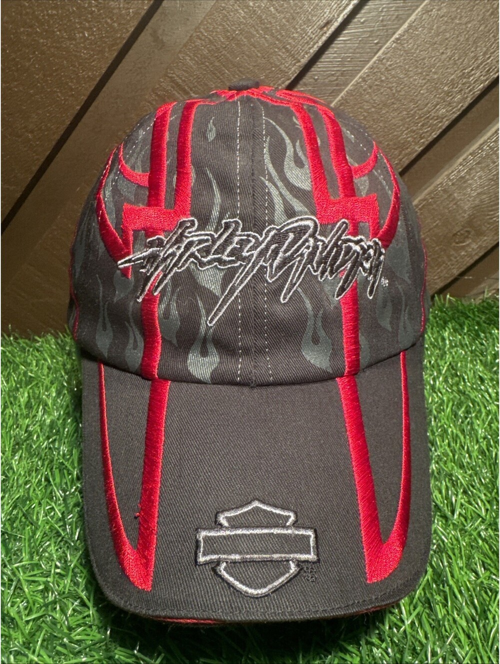 Vtg 2004 Harley Davidson Tribal Flame Hat Adjustable Cap Red Grey Y2K 97701-05V